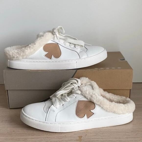 Kate Spade Fez Mule Faux Fur Wht Large Logo Leather Slip On Shoes Women- SZ 8.5 - Picture 9 of 9